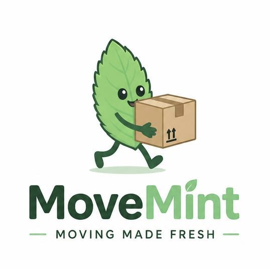 MoveMint moving crew mascot carrying a moving box